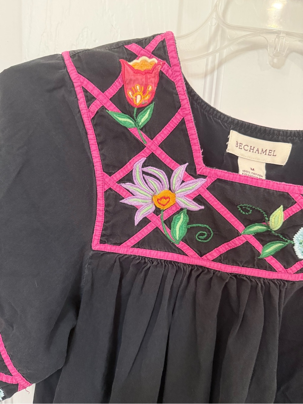Bechamel Black Midi House Dress with Hot Pink Floral Embroidery - Picture 2 of 6